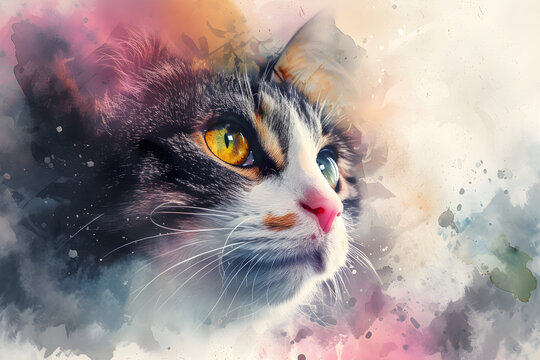 Colorful watercolor birthday card featuring a cute cat, perfect for celebrating pet lovers' special occasions. - Powered by Adobe