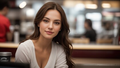 Serene Young Woman Enjoying Coffee in a Busy Cafe