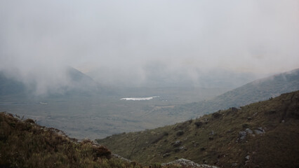 Foggy landscapes in Paramo of Chingaza in Colombia, a natural park with its crystal water