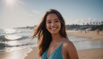 Happy woman on sunny beach with waves and sand