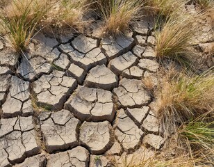 dry cracked earth and grass - 726842154