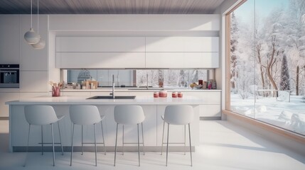 luxury interior design of modern trendy snow white kitchen in minimalistic style with island and two bar stools. huge windows to the floor and a glass rack for dishes