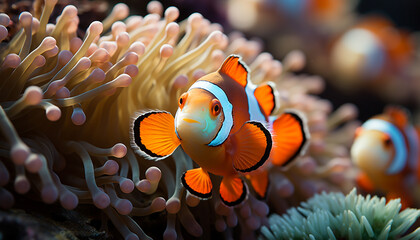 Naklejka na ściany i meble Clown fish swimming in vibrant reef, underwater beauty in nature generated by AI
