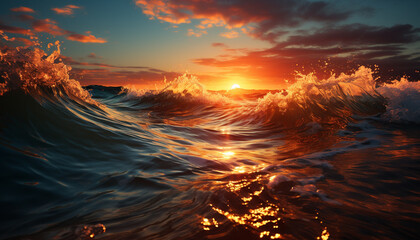 Sunset over water, nature beauty reflected in tranquil waves generated by AI
