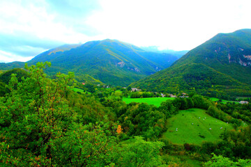 Spiritual view from Sarnano at the blue-tinted vegetation-filled Sibillini Mountains, gradiently colored from the background to the foreground, where livestock, trees and meadows combine harmonically