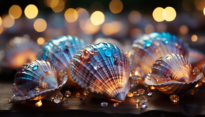 Bright seashell collection decorates table, illuminating tropical vacation vibes generated by AI - obrazy, fototapety, plakaty