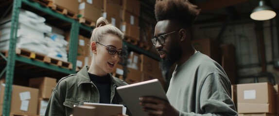 Fototapeta na wymiar Man and Woman Viewing Tablet in Warehouse Generative AI