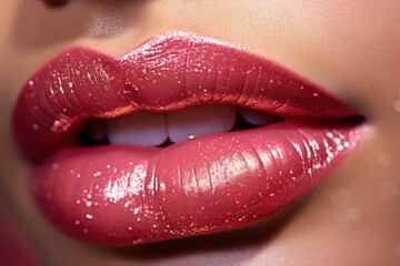 close up cosmetic photography of glittery and glossy lips, facing the camera, hd commercial photography, copy space - generative ai