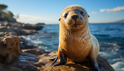 Cute seal pup looking at camera on sandy beach generated by AI