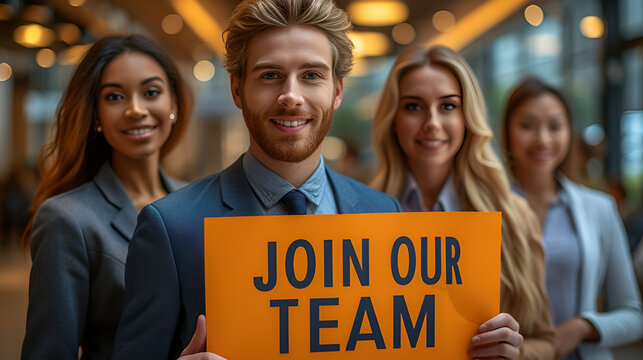 Group of Office Workers holding a sign that says “JOIN OUR TEAM” - recruitment - recruiting - appeal - attract talent - quirky charm - internship - Job posting - help wanted - hiring now 