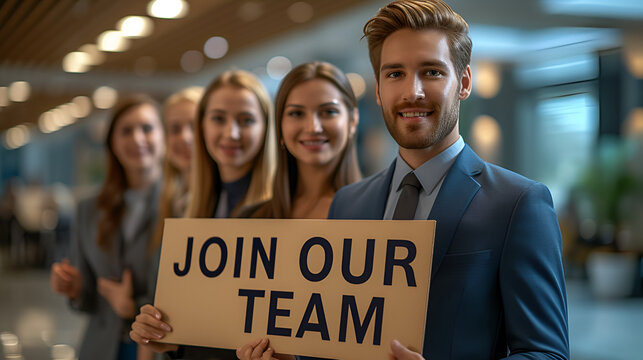 Group of Office Workers holding a sign that says “JOIN OUR TEAM” - recruitment - recruiting - appeal - attract talent - quirky charm - internship - Job posting - help wanted - hiring now 