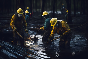 Oil pipeline rupture and disaster occurred in a field near an oil refinery. People in suits and helmets collect and purify oil products