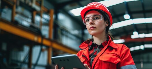 Woman in Hard Hat Holding Tablet Generative AI