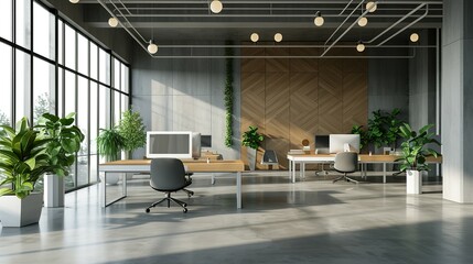3D render interior design Office Room . Office desks with office chairs. Concept of working place. 3d rendering - obrazy, fototapety, plakaty