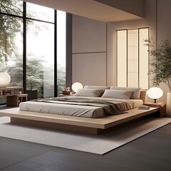 A bedroom with a minimalist Zen aesthetic. Picture a platform bed, clean lines, and a calming color palette.