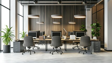3D render interior design Office Room . Office desks with office chairs. Concept of working place....