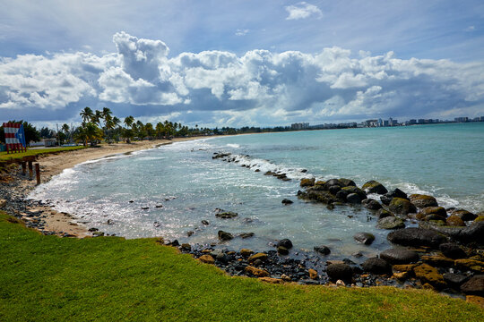 Coastline and beaches of San Juan Puerto Rico on a sunny tropical day on the water front