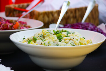 vegetable salads, Preparation of dishes for an all-inclusive banquet in a resort hotel. Empty all inclusive line, restaurant equipment.

