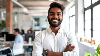 East Indian Businessman Standing in Office With Arms Crossed Generative AI