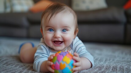 a very cute little blue eyed baby smiling, sitting up holding a ball 