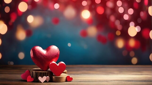 The background of an empty old wooden table with a Valentine's day or wedding theme in the background, red hearts on a wooden table with a blurred side in the background, a place for text