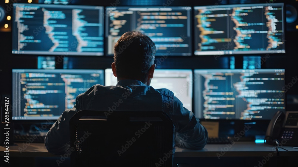 Poster it specialist working at desk with multiple computer screens generative ai