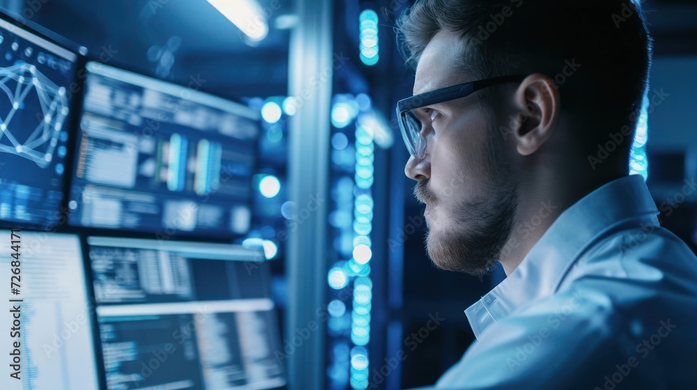 Poster it specialist analyzing data on computer screen generative ai