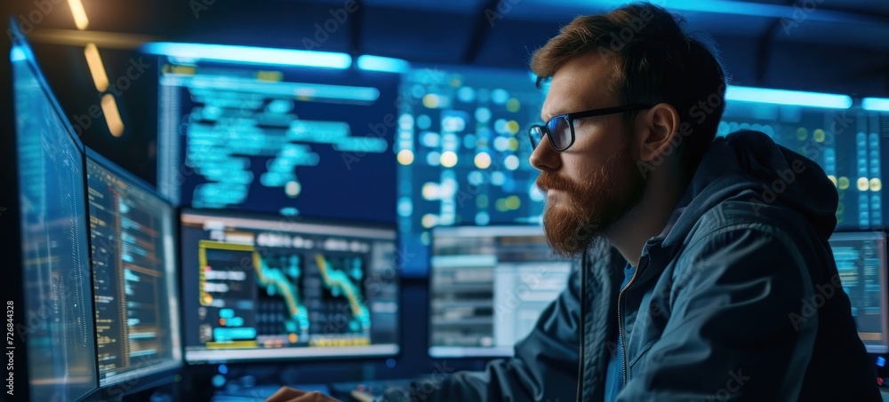 Poster man sitting at desk with multiple monitors generative ai