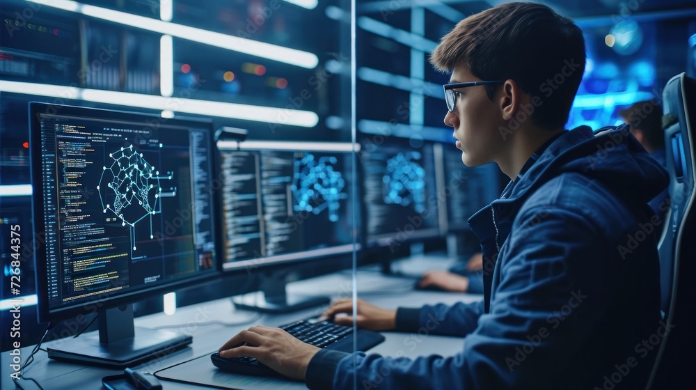 Poster it specialist analyzing data on computer monitor generative ai
