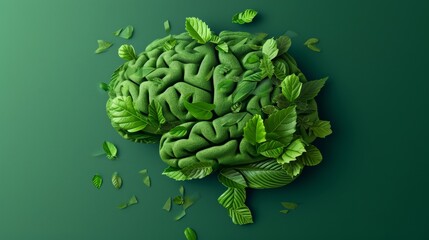 Green Brain Made of Leaves on a Green Background