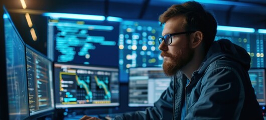 Man Sitting at Desk With Multiple Monitors Generative AI
