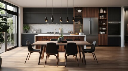 Midcentury modern kitchen and dining room interior design with black cabinets, white cabinets,...
