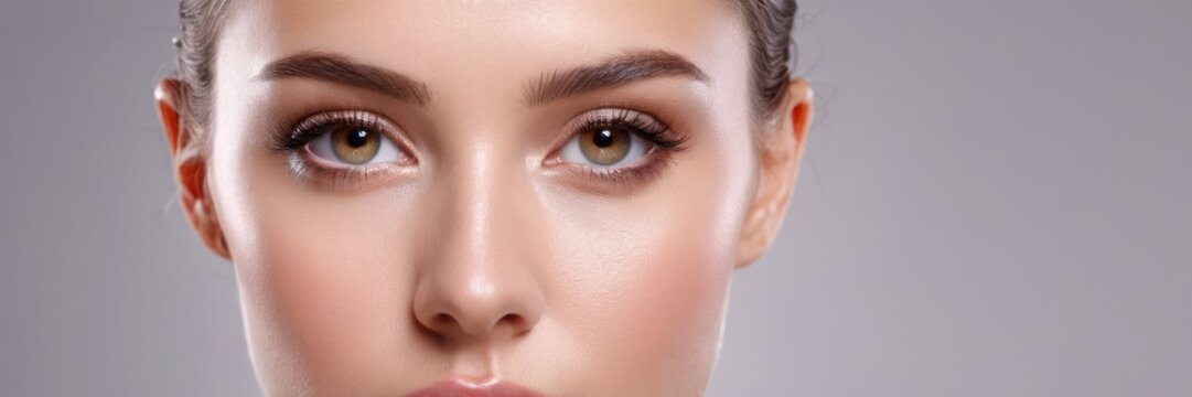 Beautiful woman's face close-up, with smooth, clean and healthy skin. Banner, on an isolated grey background. Concept of cosmetics, creams and health.