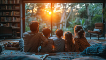Family having some quality time while watching the sunset from their living room. 