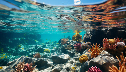 Underwater reef, fish, nature, water, animal, coral, scuba diving generated by AI