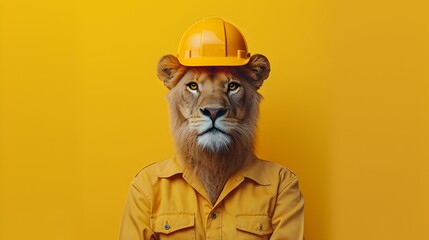 Playful Lion Wearing Construction Hat on Yellow Background - obrazy, fototapety, plakaty