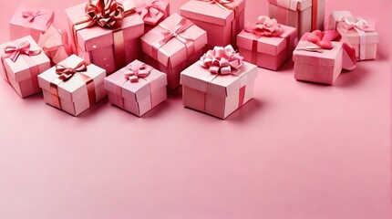 Pink gift boxes on pink background , place for text, valentine's day gift concept, birthday, wedding