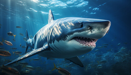 Majestic giant fish swimming in deep blue underwater danger generated by AI