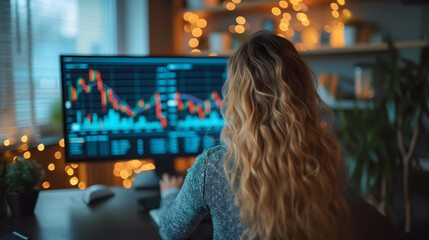 Back view of a woman with long hair analyzing financial statistics on a computer screen in a well lit home office.