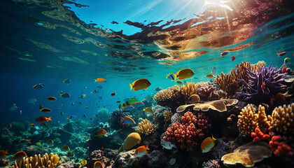 Underwater reef, fish, nature, water, blue, tropical climate, coral generated by AI