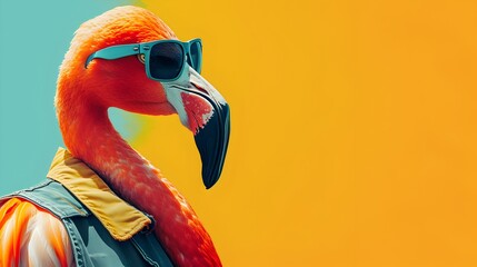 Blue Tonal Photo of Flamingo with Sunglasses - obrazy, fototapety, plakaty