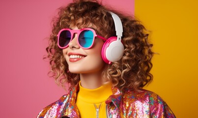 DJ girl 80's, 90's in colorful trendy jacket.
