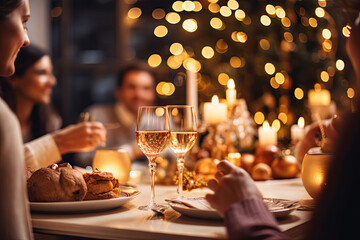 people are enjoying holiday food at table with glasses next to them, in the style of back button focus, light gold and dark beige, xmaspunk, pigeoncore, whirring contrivances, humanistic empathy