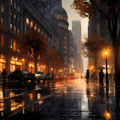 Fototapeta na wymiar A city street during a light rain.
