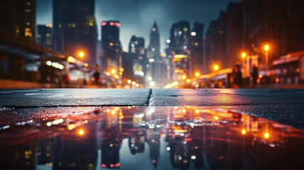 Fototapeta na wymiar Urban architecture, cityscape with space and neon light effect. Modern hi-tech, science, futuristic technology concept reflection from puddles on street heading toward buildings. Generative AI