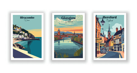 Glasgow, Scotland. Hereford, England. Ilfracombe, Devon - Vintage travel poster. High quality prints.