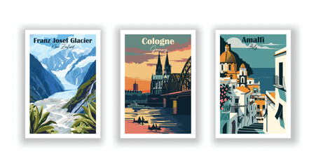 Amalfi, Italy. Cologne, Germany. Franz Josef Glacier, New Zealand - Vintage travel poster. High quality prints.