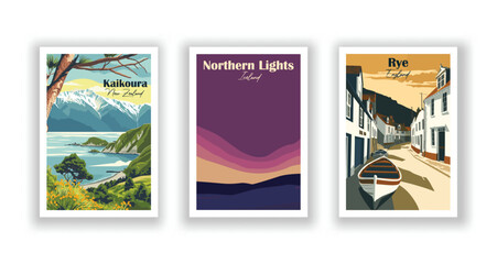 Kaikoura, New Zealand. Rye, England. Northern Lights, Iceland - Vintage travel poster. High quality prints.