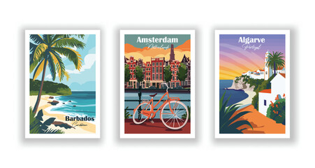 Algarve, Portugal. Amsterdam, Netherlands. Barbados, Caribbean - Vintage travel poster. High quality prints. - obrazy, fototapety, plakaty