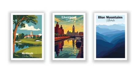 Blue Mountains, Australia. Liverpool, England. Medinah Country Club - Vintage travel poster. High quality prints.